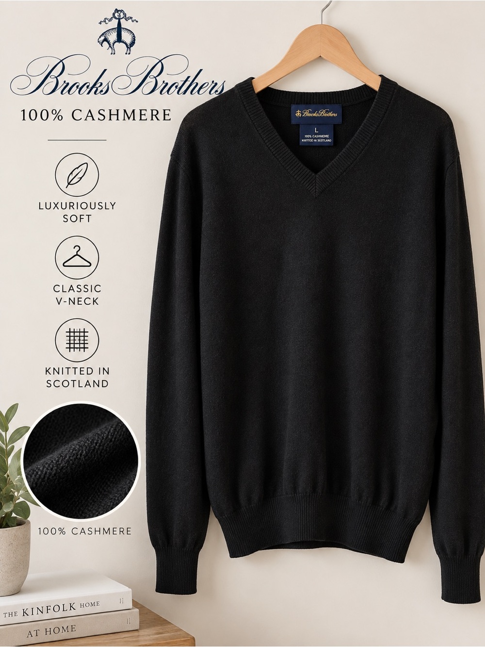 Brooks Brothers Black Cashmere V-Neck Sweater Size L 100% Cashmere